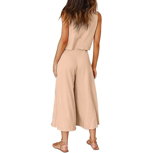 Roylamp Sommer-outfits til kvinder i 2 dele Rundhalset Crop Basic Top Beskåret Bukser med brede ben, Jumpsuits Khaki X-Small