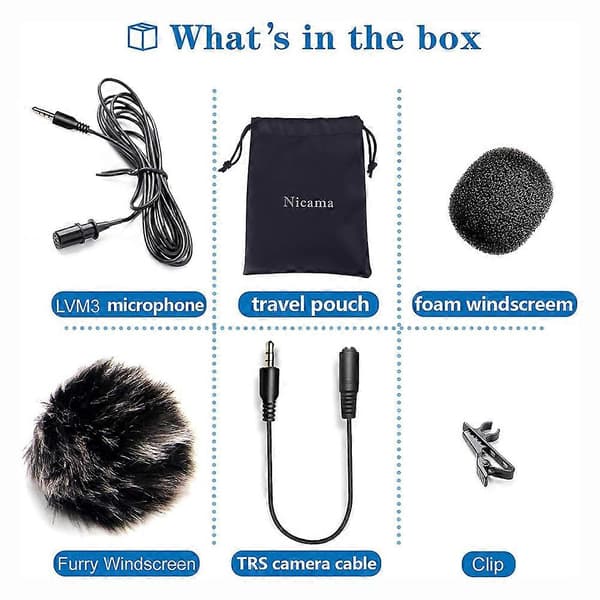 LVM3 Lavalier-Reversmikrofon, støjreducerende til iPhone/Android/DSLR, 6m ledning, Plug & Play til Zoom/Tascam/PC Black