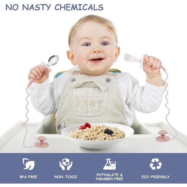 Babygaffel och sked set, 2 st silikon rostfritt stål babybestick för avvänjning och lära sig att använda bestick, baby första självmatande sked pink