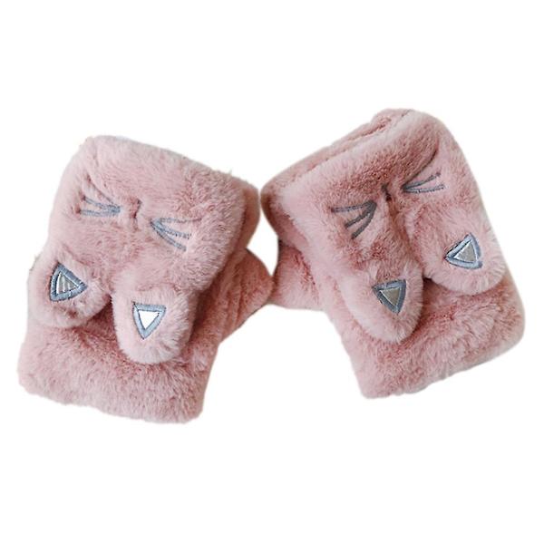 Vinter Varma Plysch Halvfinger Vantar Cartoon Broderi Konvertibla Vantar Pink