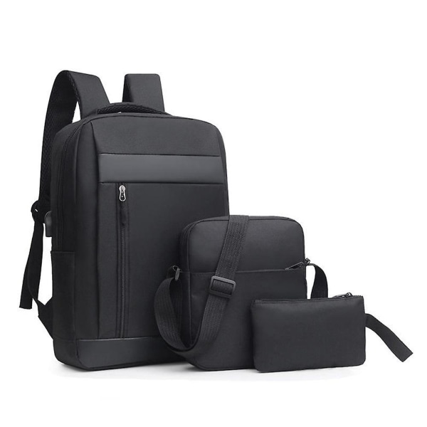 3 stk/sæt Herre Kvinder rygsæk med USB-opladningsport Arbejdsrejserygsæk+skulder Laptop+taske Udendørssæt Gaver Black