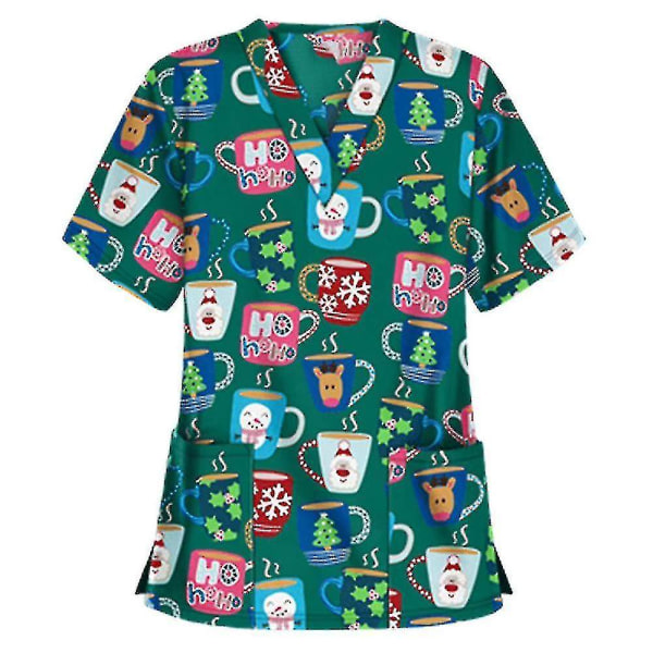 Jul Kvinder Sygepleje Uniform Scrub Kortærmet T-shirt Xmas Bluse Tee Toppe-xl-cups Grøn