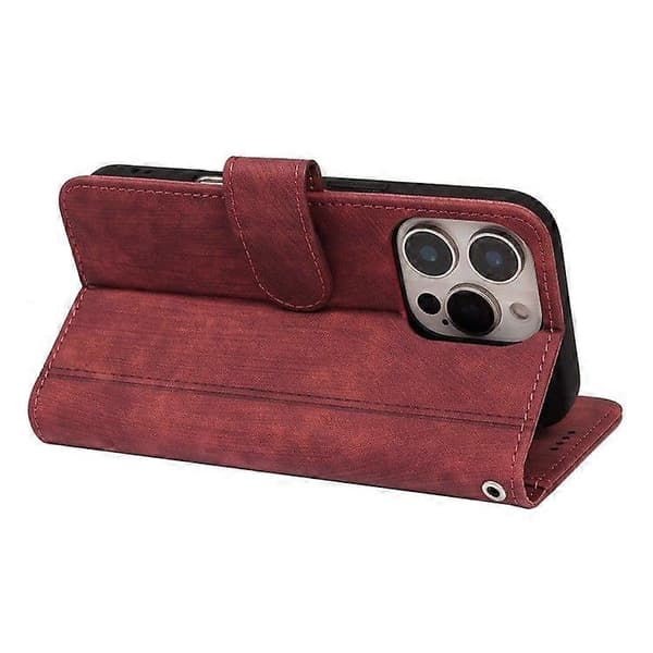 Läderfodral med linjemönster och plånboksdesign för iPhone 16 Pro med 9 kortfack Red