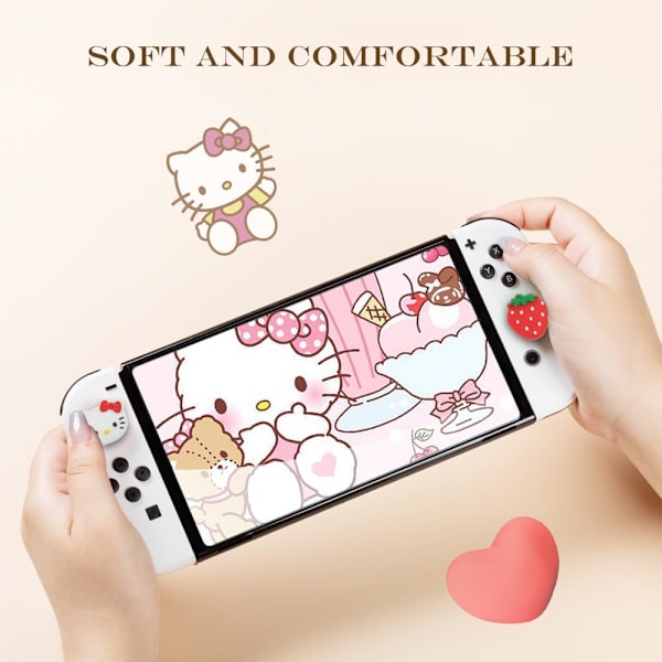 Switch tumgreppskåpor, söta kattunge joystick-kåpor för Nintendo Switch/Lite/Switch OLED, 4 st tumgreppsskydd, jordgubbe