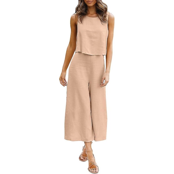 Roylamp sommerantrekk for kvinner i 2 deler Rundhalset Crop Basic Topp Beskåret buksesett med brede ben, Jumpsuits Khaki Medium