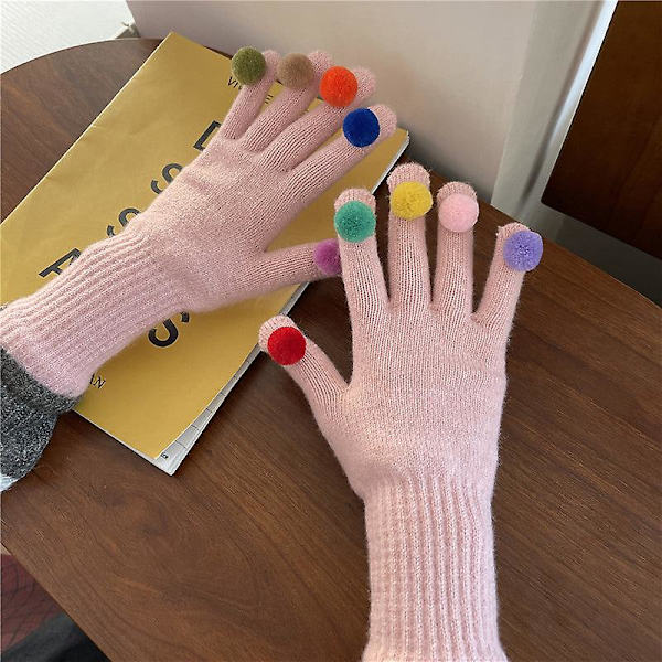 Vinter søde pige fem finger cykling fortykket varm kan være touch screen strikkede handsker Pink Average size