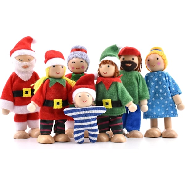 Wooden Doll House People of 7 Figures, Dolls Family Set for Girls Toddler Kids Dollhouse Christmas Decoration Accessories Toy