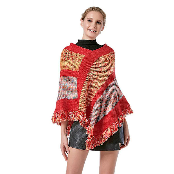 Varm lös sjal pullover stickning poncho med tofs fladdermus blus för dam etnisk stil