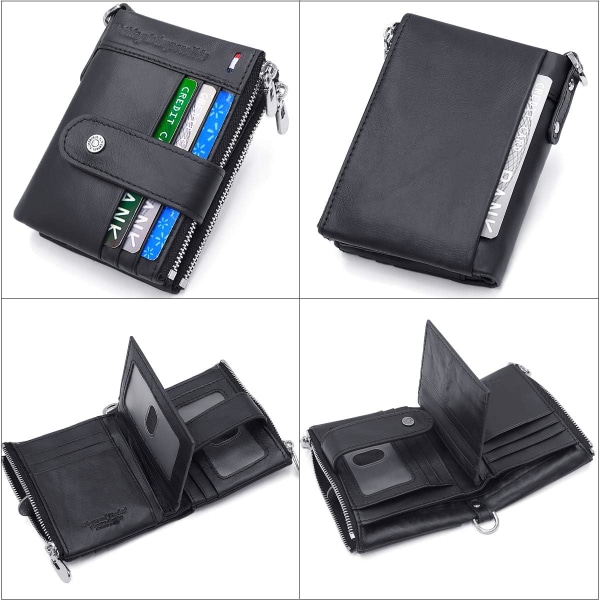 RFID-blockeringsplånbok i äkta läder för män med kedja, tvåfaldig plånbok för män 19 Kreditkort och Zip-plånbok, presentförpackning, svart Black