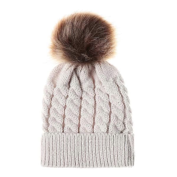 Dam Barn Vinter Stickad Mössa Pom Pom Tofs Hattar Khaki Kid