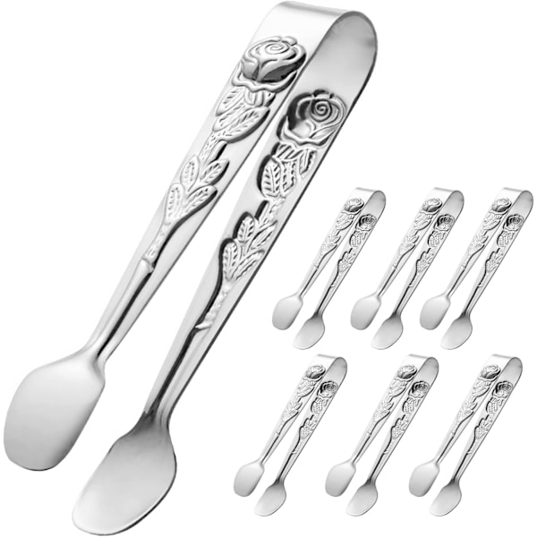 6 st Mini Serveringstänger 10 cm Små Ros-Sockertänger (Silver)