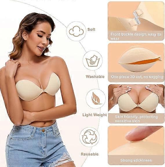 Selvklæbende stropløs genanvendelig silikone push-up bh til kvinder, beige Beige 30-36A
