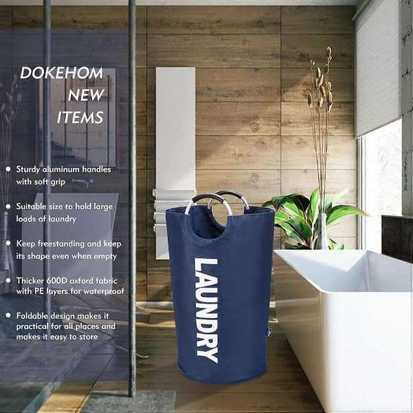 90L Large Laundry Basket, Foldable Laundry Bag, Freestanding Tall Laundry Hamper, Collapsible Laundry Basket Dark Blue Dark Blue 90L