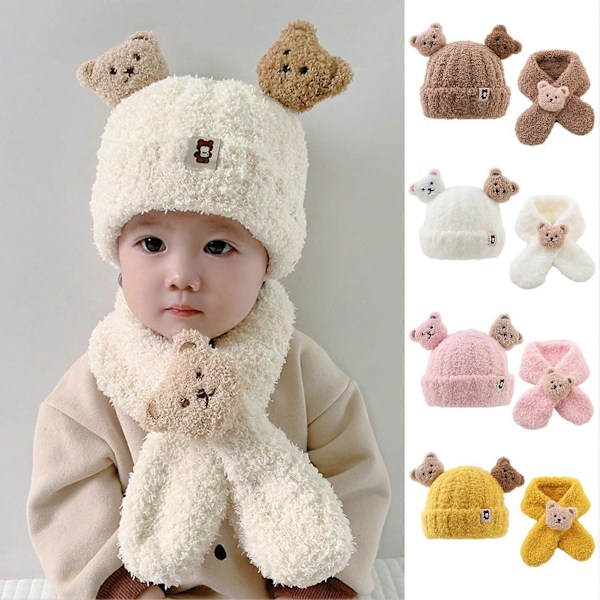 Baby Vintermössa & Halsduk Set med Kartongbjörn Dekor Tjock Mjuk Plysch Kalla Resistent Stickad Unisex Halsduk Barn Vintertillbehör Beige