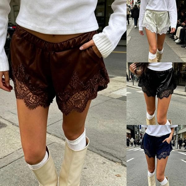 Shorts til kvinder med elastisk talje, brede ben og blondekant, letvægts polyester, sommer, afslappet komfort, silkebløde pyjamasunderdele, sort S Black S