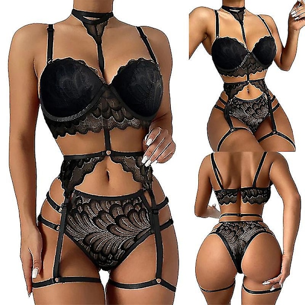 Sexig spets-strumplös lingerieset för kvinnor Black S