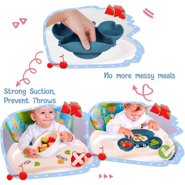 Baby Plate Silikon Sugkopp Barnplattor, Självmatningsträning Uppdelad Tallrik, Halkskyddad Silikon Baby Avvänjningstallrik för de flesta barnstolar Brickor blue