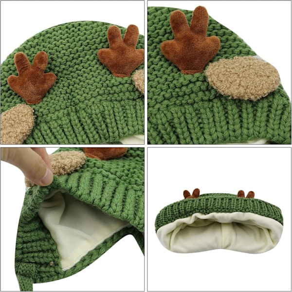 Søt Hjorte-Elg Hodeplagg Babyhatt Vinter Varmt Plysj Strikket Ørevarmer Bonnet Gutter Jenter Caps Beanie med Hakestropp Green One Size