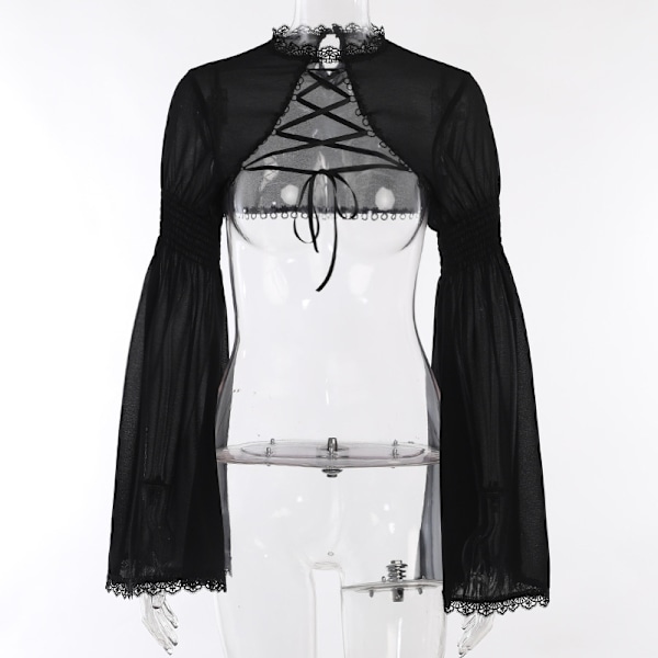 Goth Mørk Elegant Lace Up Skjorte Gothic Crop Shrug Tops Grunge Chiffon Flare Ærme Bluser Kvinde Sort Emo Alternativ Cover Up S