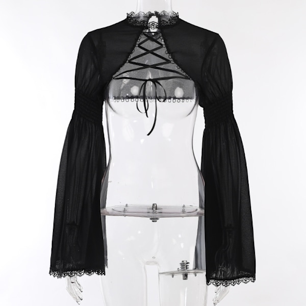 Gotisk Elegant Spetsad Kort Topp med Snörning - Grunge Chiffon Blus med Flareärmar - Svart Emo Alternativ Överdel för Kvinnor M