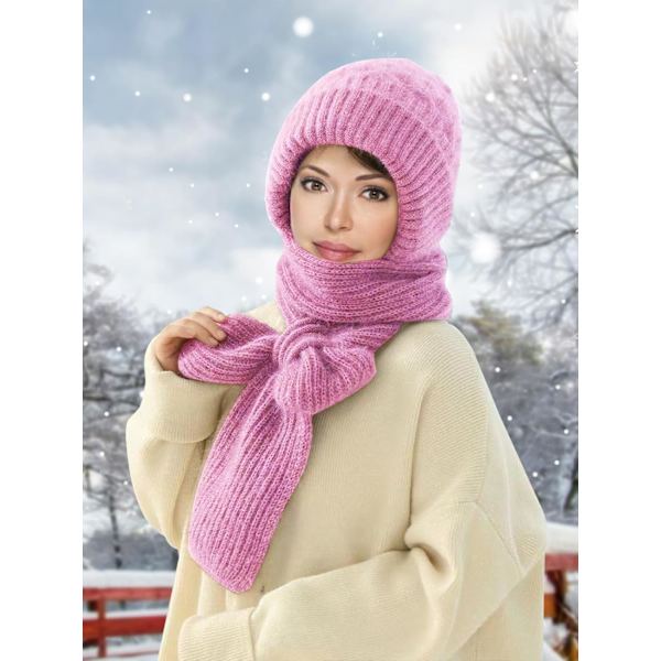 Beaniehatt med Integrerat Öron- och Vindskydd, Elastisk Stickad Tjock Varm Sammansatt Vinter Pink
