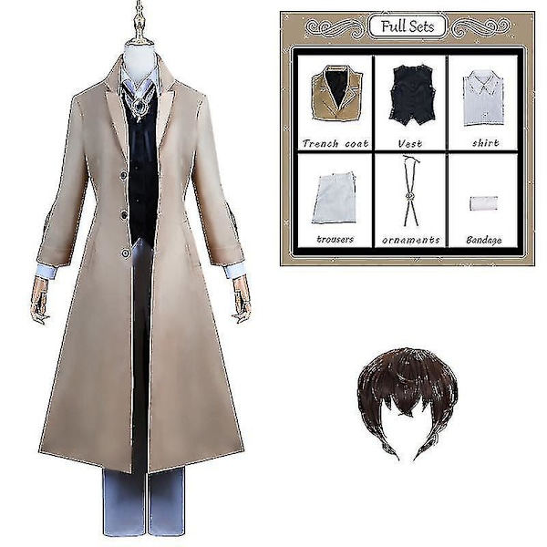 Anime Dazai Osamu Cosplay-asu Bungo Stray Dogs Cosplay Pitkä Takki Takki Dazai Osamu Peruukki Halloween Jouluasu costume and wig L