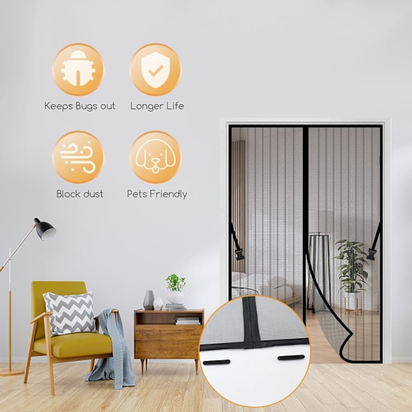 Magnetiske DørgardinerMagnetisk Dørgardin Fluenet Anti Myg Netgardin med Kraftige Magneter og Fuldramme Magisk Tape Op til 90 cm x 210 cm