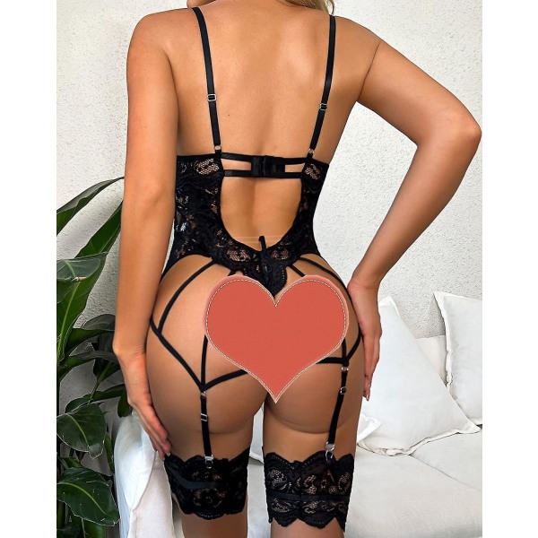 Donnalla Dame Sexy Undertøy Sett med strømpebånd Belte Blonde Body Teddy med truse XX-Large Black