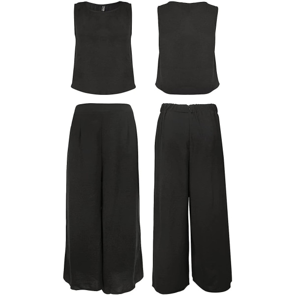 Roylamp Women's Summer 2-delade outfits Rundhalsad Crop Basic Top Beskuren Byxa Set med vida ben Jumpsuits Black X-Small