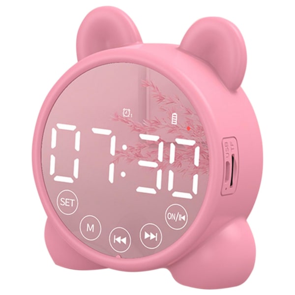 Barnevekkerklokke Bluetooth-høyttaler Ved sengekanten vekkerklokke, Digital speiltimer, Søvntrener for barn Pink