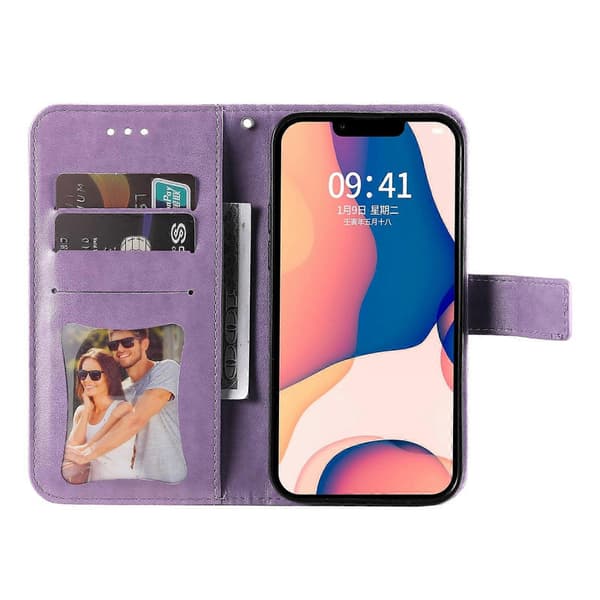 För iPhone 14 Plus 7-bladiga Blommor Prägling Läderfodral Light Purple