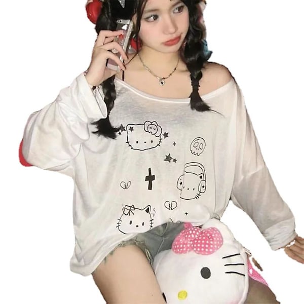 Kawaii Sanrio Anime Ny Hellokitty Långärmad Tunn T-shirt Tidig Höst Söt Cartoon Flicka Lös Mångsidig Casual Topp HelloKittyed L