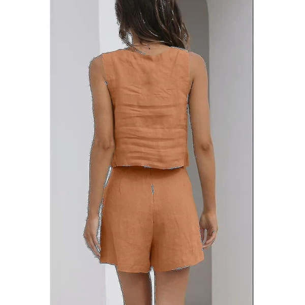 Kvinder 2-delt outfits Matchende sæt, linned shorts Crop tops sommerferie sæt Brown 2XL