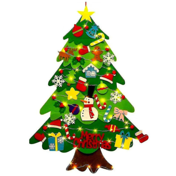 Gør-det-selv filt juletræ til børn gave, med aftagelige 32 stk ornamenter til jul nytårs dekoration with light