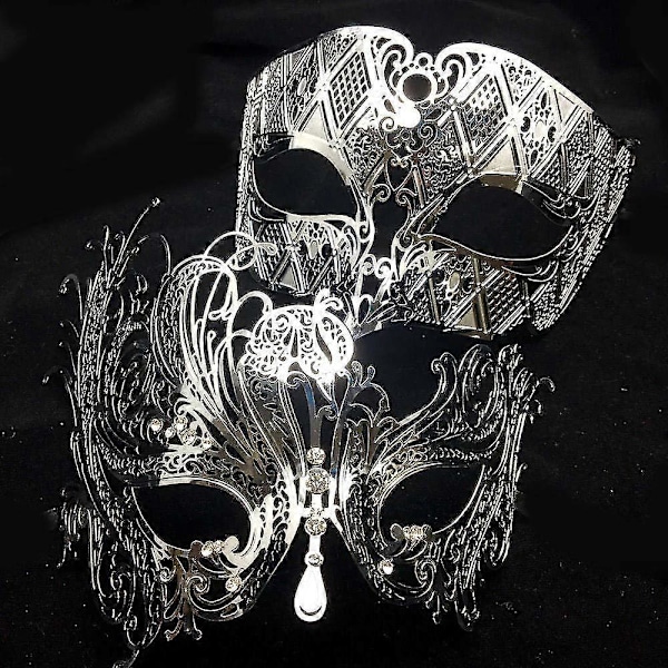 Sort Sølv Guld Metal Filigran Laser Skåret Par Venetiansk Festmaske Bryllup Ball Maske Halloween Maskerade Kostume Masker Sæt Black Light Blue