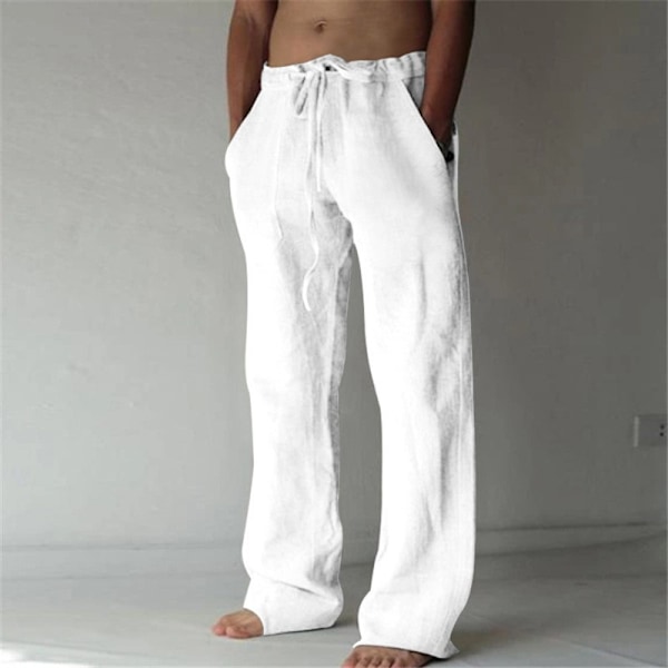 Herre Store Størrelser Løse Afslappede Bukser Elastisk Talje Snøre Linned Åndbare Sports Bomulds- og Linnedbukser White 4XL