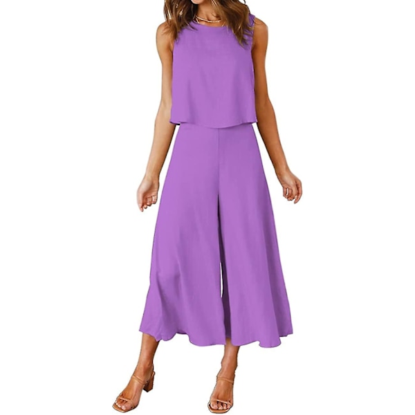 Roylamp Sommer-outfits til kvinder i 2 dele Rundhalset Crop Basic Top Beskåret Bukser med brede ben, Jumpsuits Lavender Medium