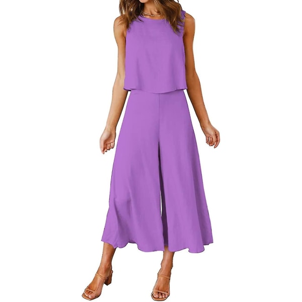 Roylamp Sommer-outfits til kvinder i 2 dele Rundhalset Crop Basic Top Beskåret Bukser med brede ben, Jumpsuits Lavender X-Small