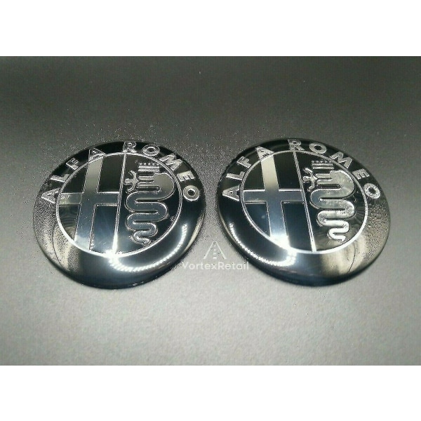 2x 74 mm Alfa Romeo Emblem märken Svart Silver Gt 147 159 Mito Giulietta Motorhuv