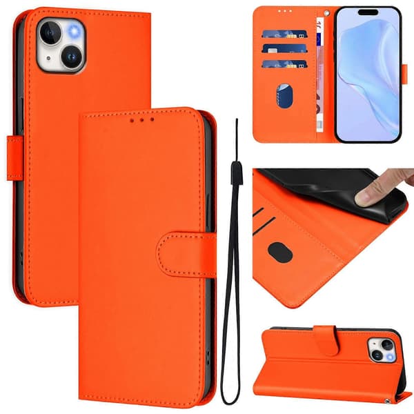 Skinnkänsla Läder Telefonfodral För iPhone 15 Plus Orange