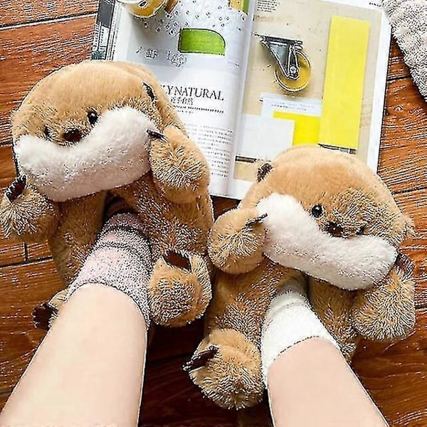 Highland Cow Otter Djurtofflor Jul Varma Mjuka Inomhus Plyschtofflor Kvinnor Vuxna Platta Med Luddiga Hemtofflor Otter