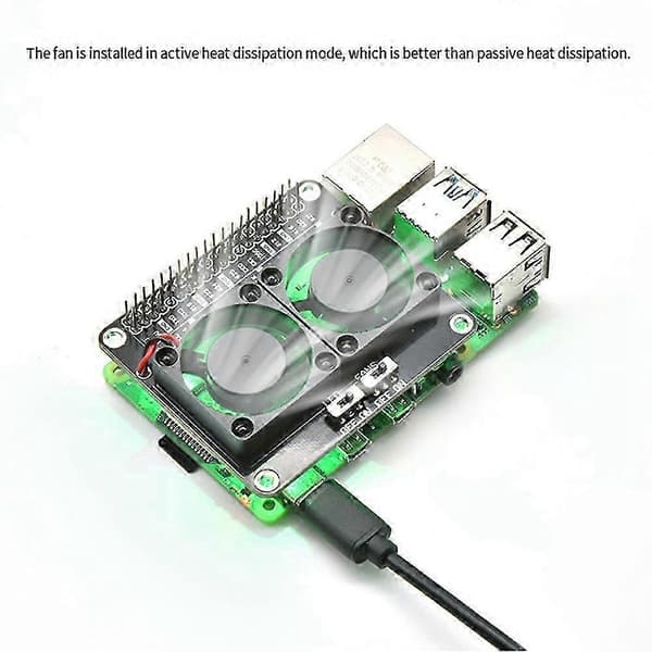 kompatibel med Raspberry Pi 4B/5B dubbelfläktradiator med grön LED black