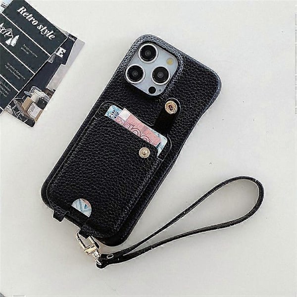 Fodral för iPhone 16 Pro Max, multifunktionella kortfack, läderbaksida med handledsrem Black