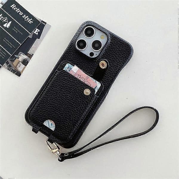 For iPhone 16 Pro Max Deksel Multifunksjonelle Kortspor Lær Bakdeksel med Håndleddsstropp Black