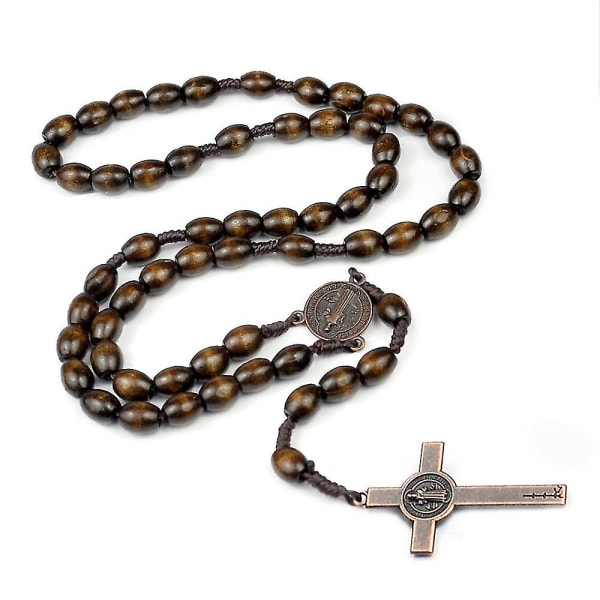 Katolsk kors Rosenkrans halskjede, naturlig tre bønneperler krysser Mørkebrun