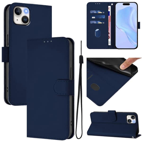 Skinnkänsla Läder Telefonfodral För iPhone 15 Plus Navy Blue