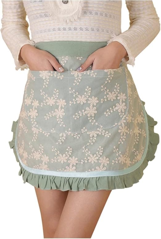 Unisex Kockförkläden Vit Retro Bomull Piga Kort 2 Fickor Midja Servitör Servitris Halvförkläde