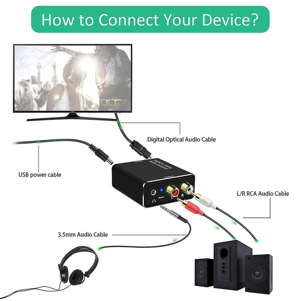 Digital til Analog Audio Converter, DAC Digital Spdif Optisk til Analog L/r Rca & 3,5 mm Aux Stereo Au black