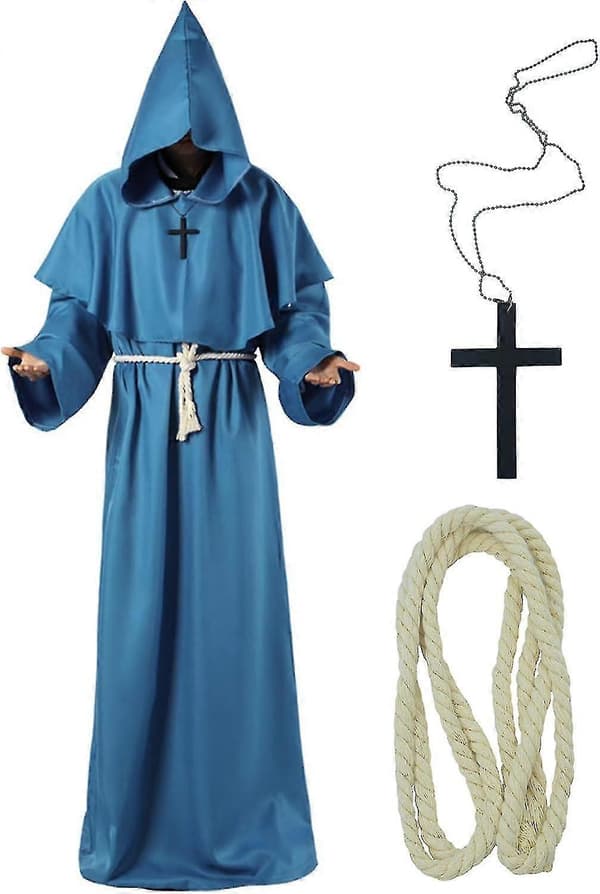 Unisex Voksen Middelalderkappe Kostyme Hettekappe Kappe Munk Prest Trollmann Tunika Kostyme 3 deler Blue Medium