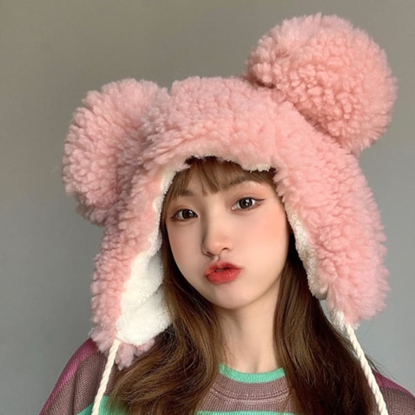 Fuzzy Bear Hat Unisex Blød Kunstig Pels Dyr Critter Cap Store Ører Beanie til Voksen Vinterhatte Øreklapper Dejlig Gave Pink Medium